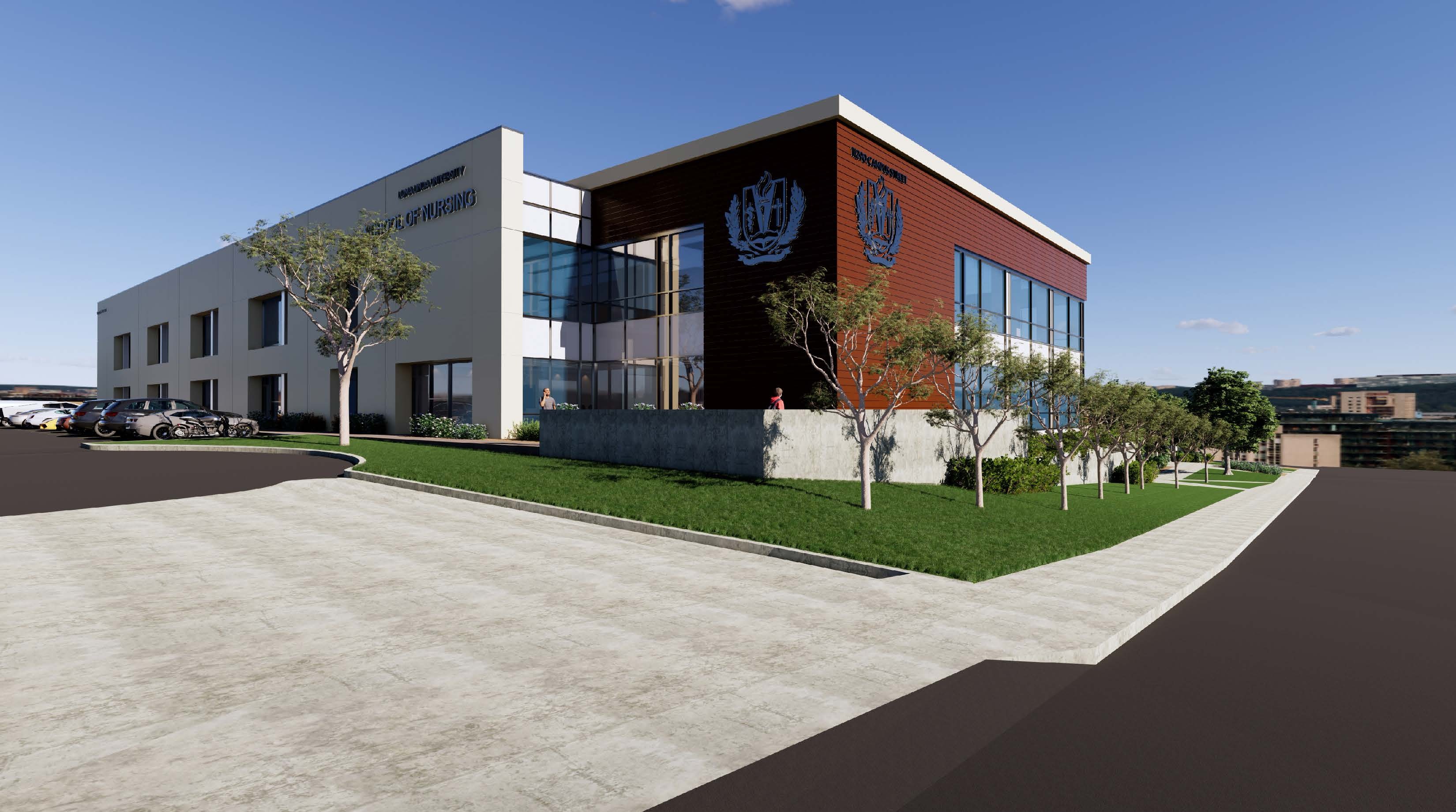 Architectural rendering of the new School of Nursing, displaying the front entrance and parking lot of a modern academic building. 